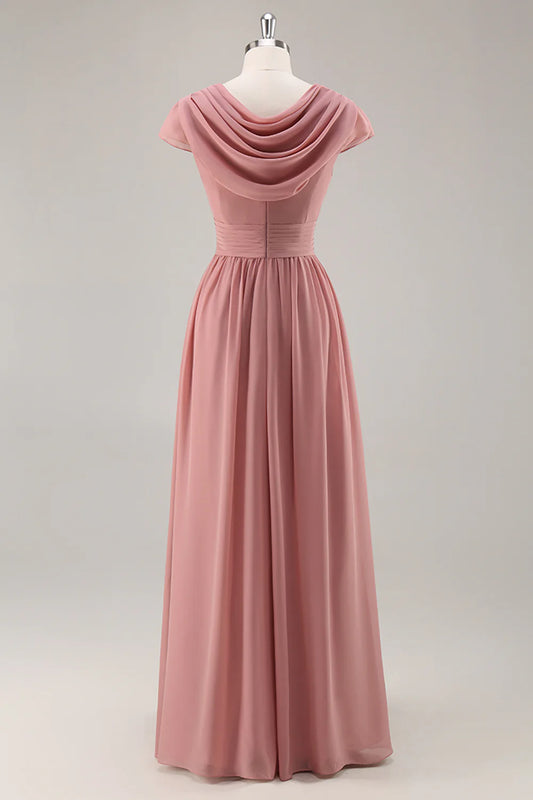 Dusty Rose Short Sleeves Chiffon Long Bridesmaid Dress