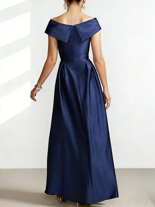 A-Line/Princess Off-the-Shoulder Satin Mother of the Bride Dresses Short Sleeves Ankle-Length Asymmetric Ruffles