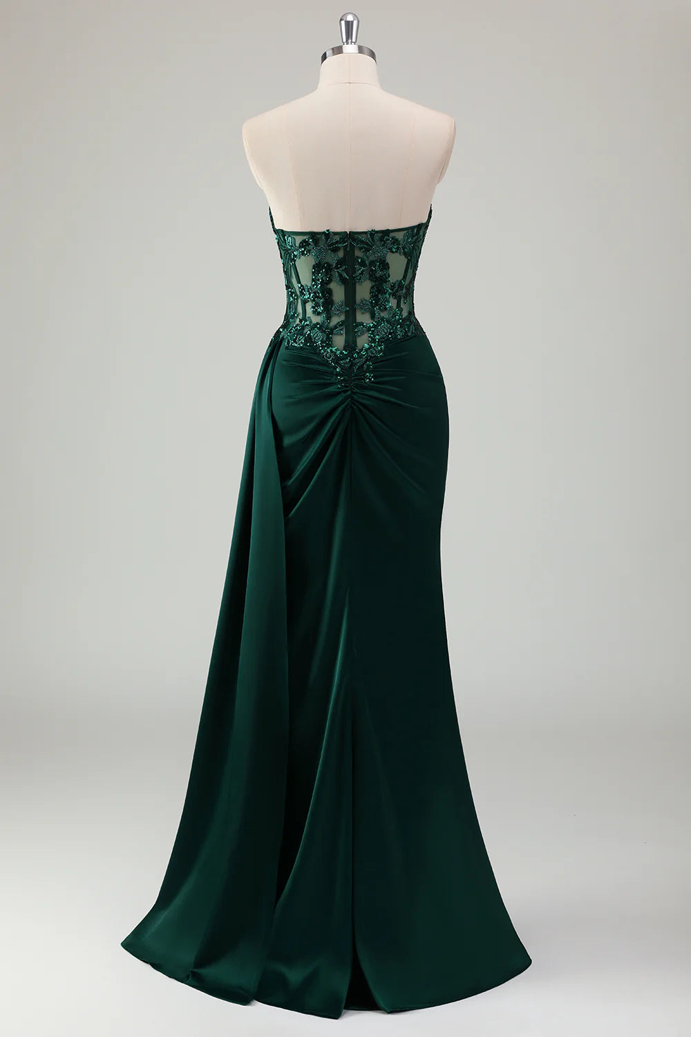 Sparkly Dark Green Sheath Corset Long Lace Prom Dress with Slit
