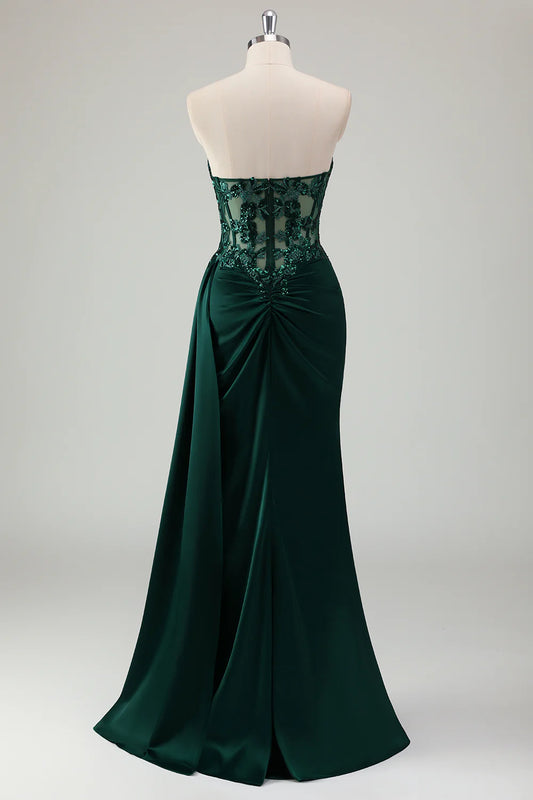 Sparkly Dark Green Sheath Corset Long Lace Prom Dress with Slit