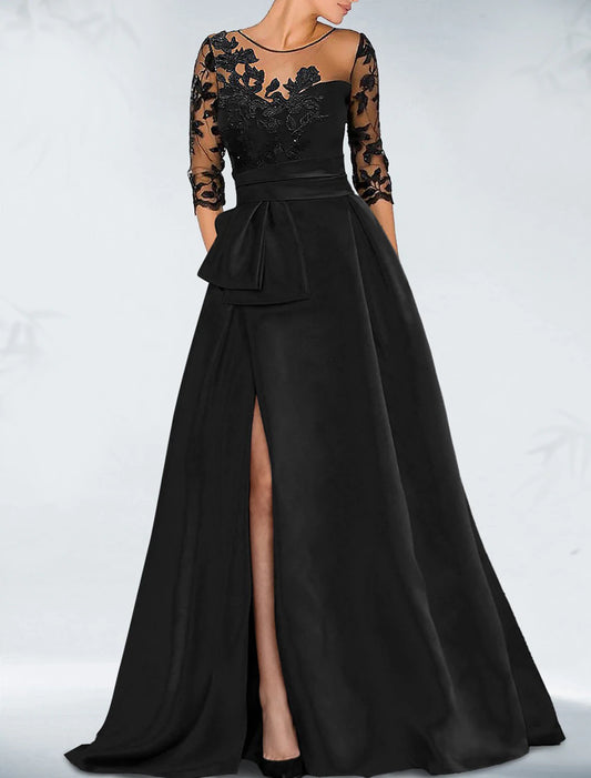 A-Line Evening Gown Black Dress Dress Wedding Guest Fall Court Train 3/4 Length Sleeve Jewel Neck Satin with Beading Slit Appliques dress