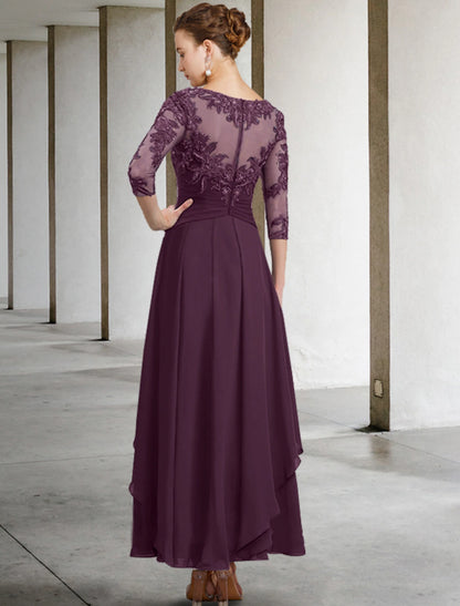 A-Line Mother of the Bride Dress Wedding Guest Elegant Plus Size Jewel Neck Ankle Length Chiffon Lace 3/4 Length Sleeve with Ruched Sequin Appliques dress