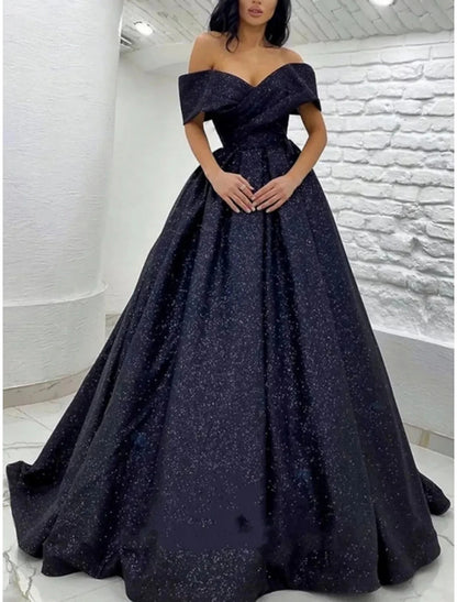 A-Line Prom Dresses Elegant Dress Black Tie Gala Sweep / Brush Train Short Sleeve Off Shoulder Sequined with Glitter Pleats dress to impress