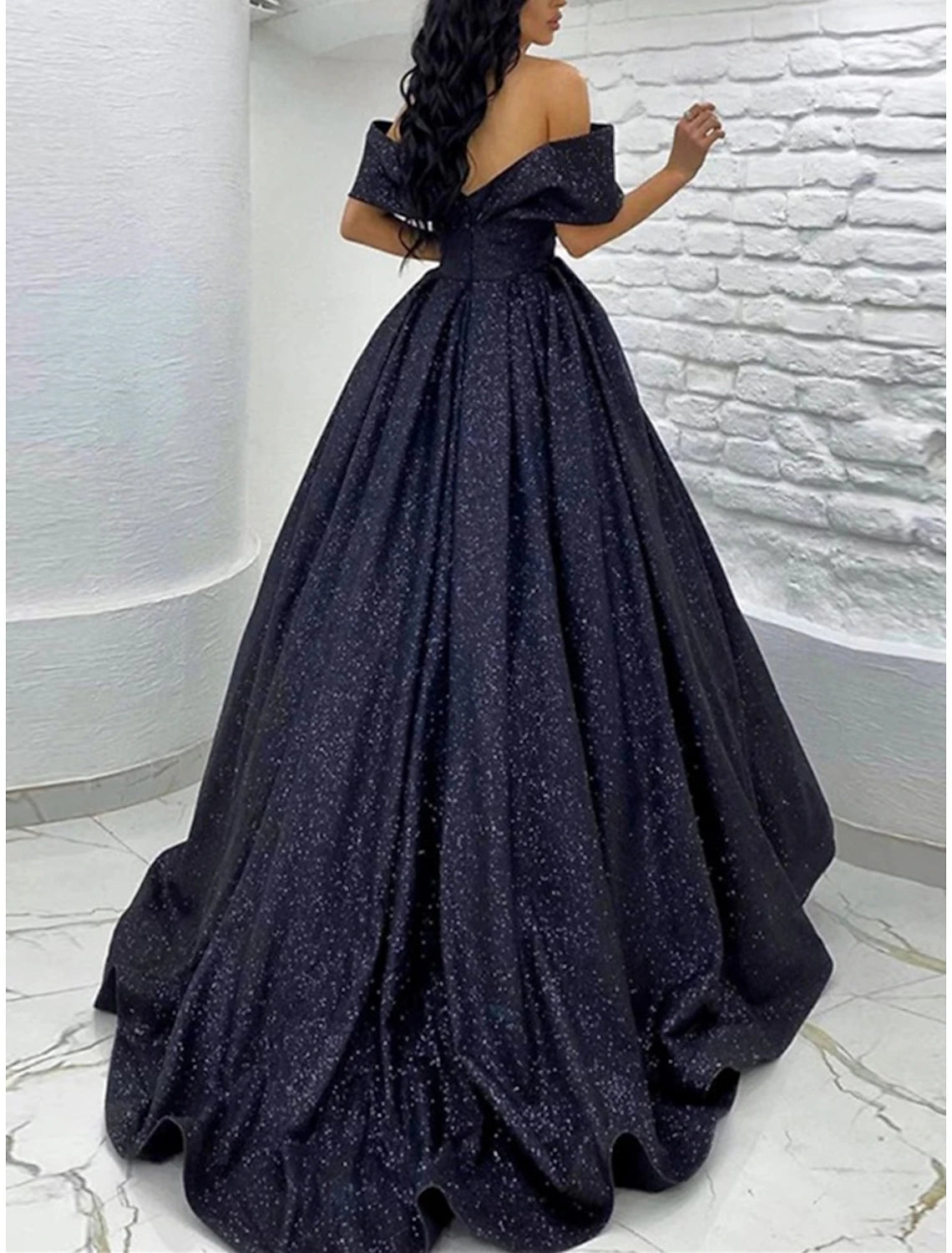 A-Line Prom Dresses Elegant Dress Black Tie Gala Sweep / Brush Train Short Sleeve Off Shoulder Sequined with Glitter Pleats dress to impress