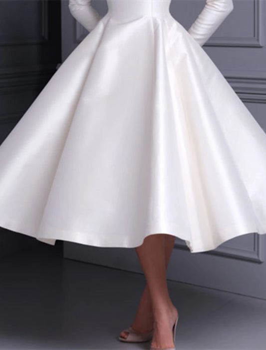 Bridal Shower Vintage 1940s / 1950s Little White Dresses Wedding Dresses A-Line Scoop Neck Long Sleeve Tea Length Satin Bridal Gowns With Solid Color