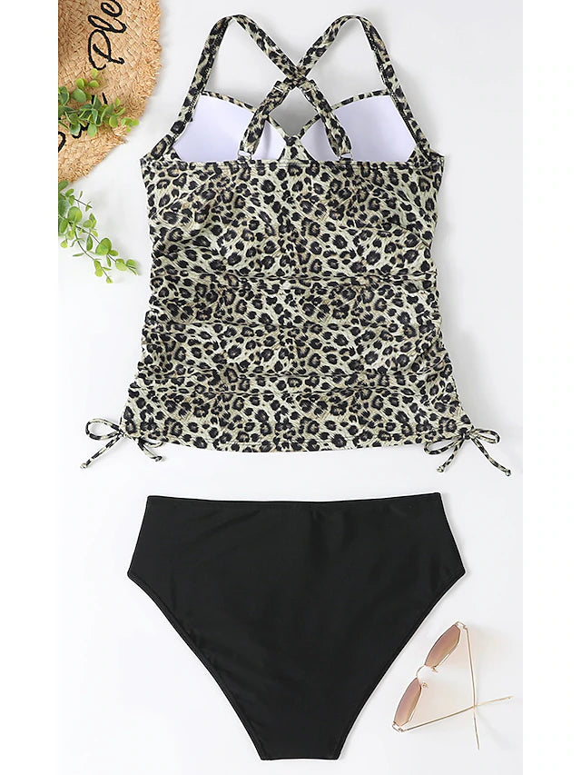 Women's Normal Swimwear Tankini 2 Piece Shorts Swimsuit Halter 2 Piece Printing Beach Wear Summer Leopard Sleeveless Bathing Suits