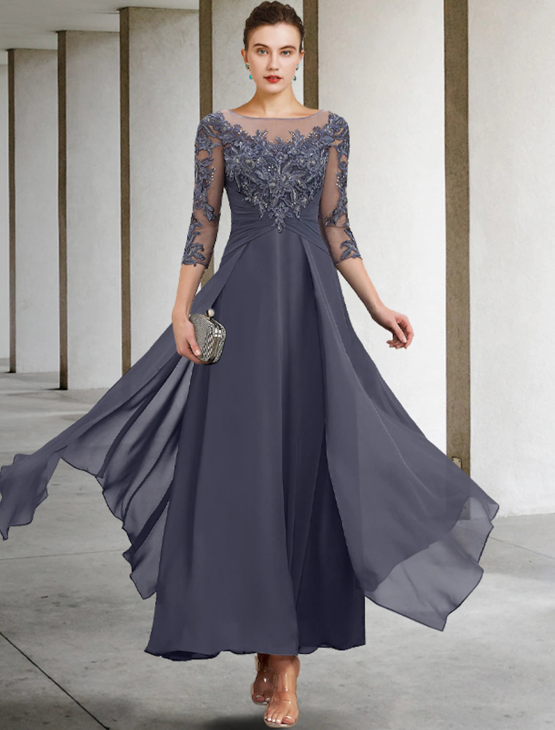 A-Line Mother of the Bride Dress Wedding Guest Elegant Plus Size Jewel Neck Ankle Length Chiffon Lace 3/4 Length Sleeve with Ruched Sequin Appliques dress