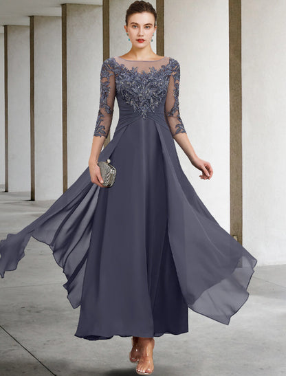 A-Line Mother of the Bride Dress Wedding Guest Elegant Plus Size Jewel Neck Ankle Length Chiffon Lace 3/4 Length Sleeve with Ruched Sequin Appliques dress