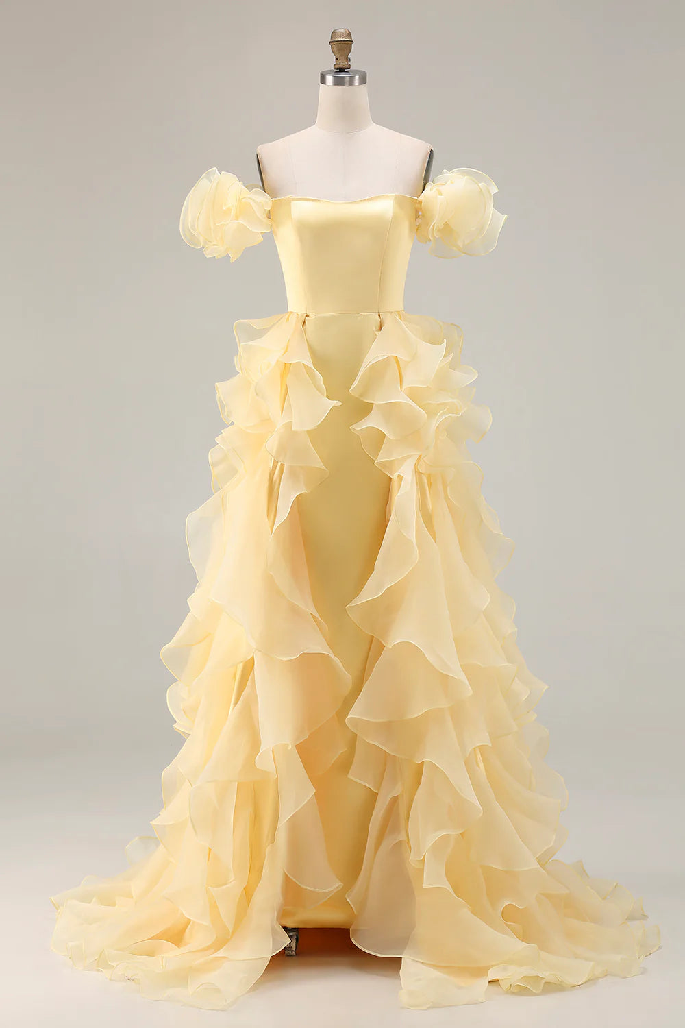 Yellow Satin Long Off the Shoulder Prom Dress with Ruffles