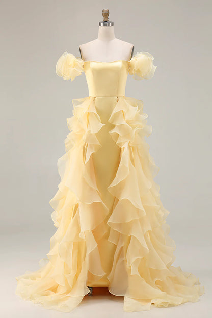 Yellow Satin Long Off the Shoulder Prom Dress with Ruffles