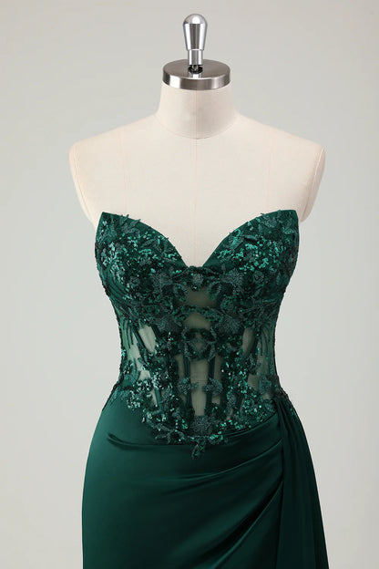 Sparkly Dark Green Sheath Corset Long Lace Prom Dress with Slit