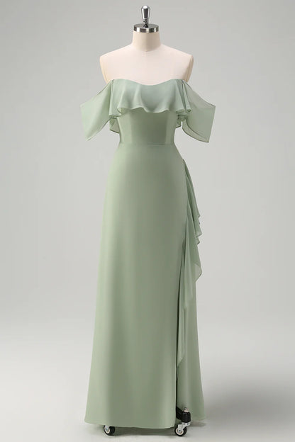 Eucalyptus Off The Shoulder Chiffon Long Bridesmaid Dress