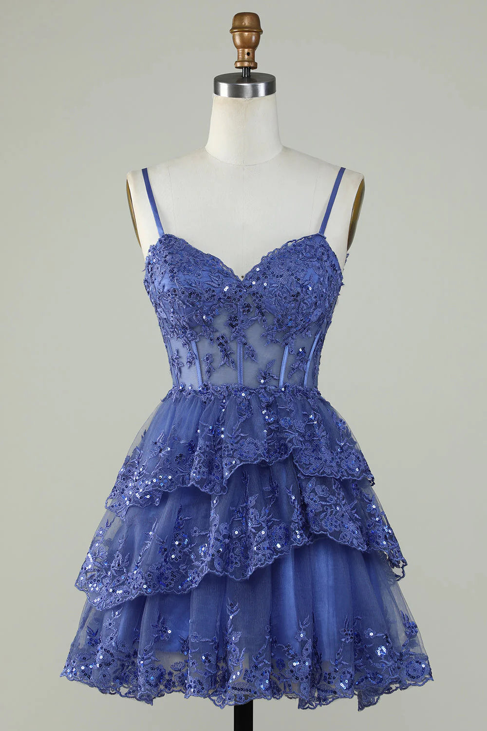 A Line Spaghetti Straps Dark Blue Sparkly Corset Homecoming Dress