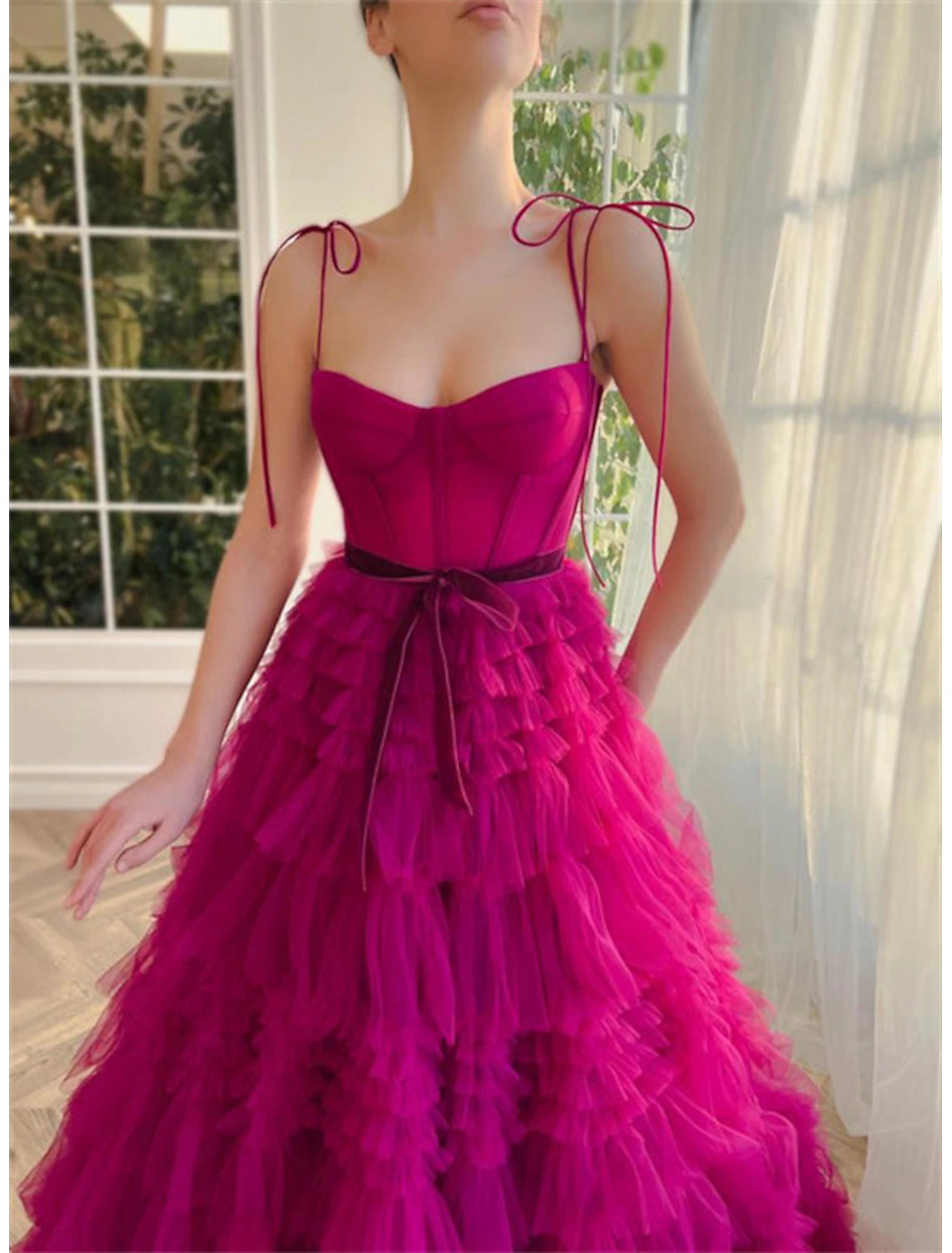 Ball Gown Evening Gown Puffy Dress Wedding Party Birthday Floor Length Sleeveless Spaghetti Strap Tulle with Ruffles Strappy dress