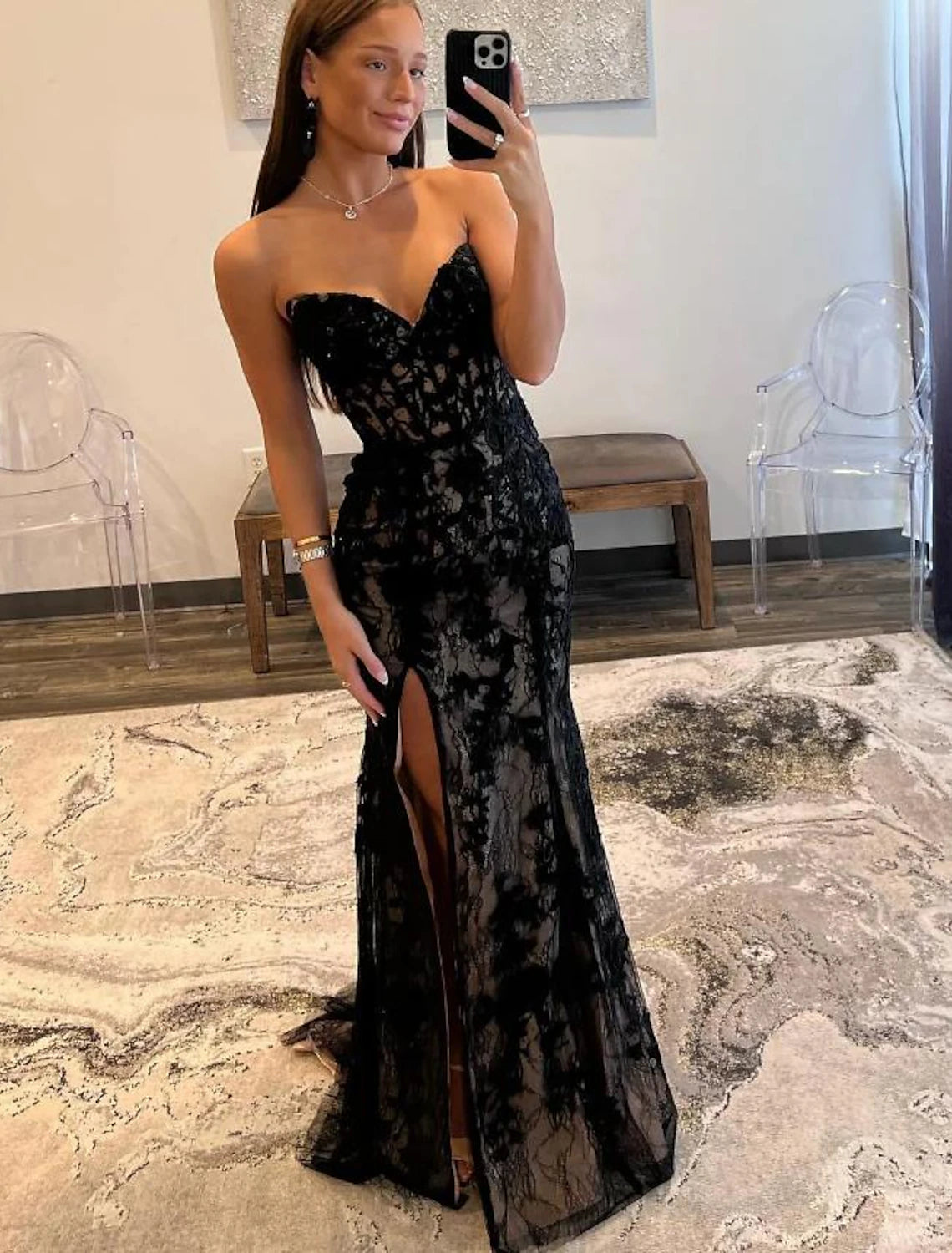 A-Line Mermaid / Trumpet Evening Gown Open Back Dress Graduation Prom Sweep / Brush Train Sleeveless Sweetheart  Lace Backless with Glitter Slit Appliques