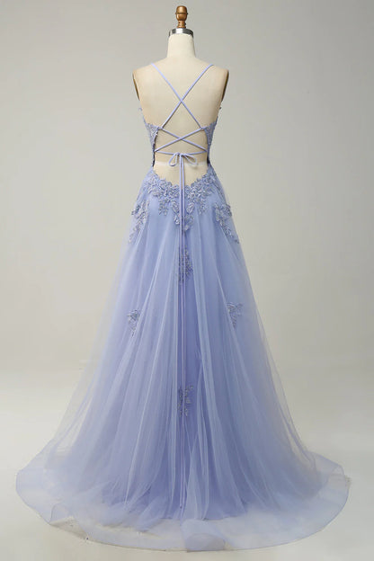 A-Line Light Purple Long Lace Up Back Prom Dress with Appliques