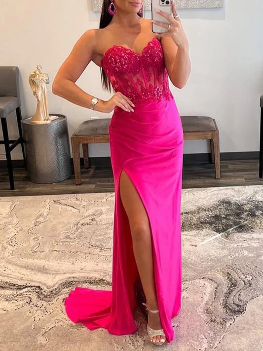 Strapless Sequin Prom Dress with High Slit & Train