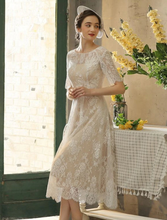 Reception Little White Dresses Wedding Dresses in Color Wedding Dresses A-Line Illusion Neck Half Sleeve Tea Length Lace Bridal Gowns With Sash / Ribbon Appliques