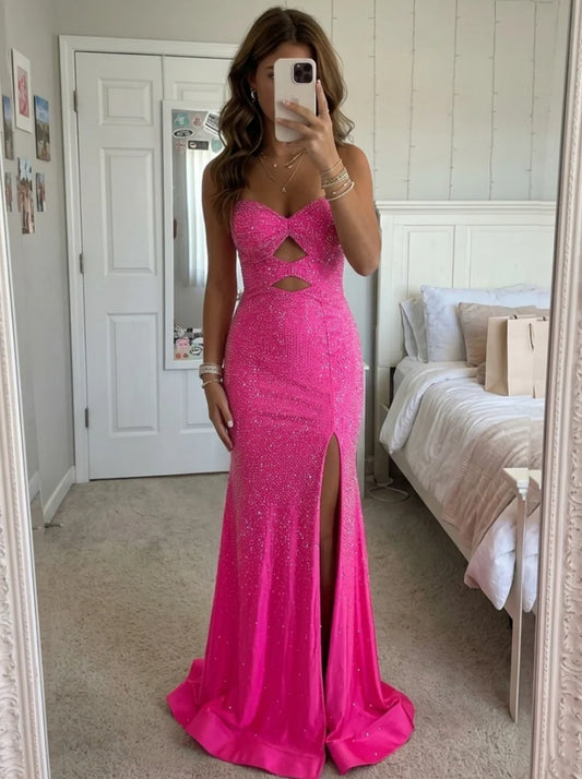 Trumpet/Mermaid Strapless Beaded Prom Dresses With Split Side Floor-Length Sleeveless Formal Dresses