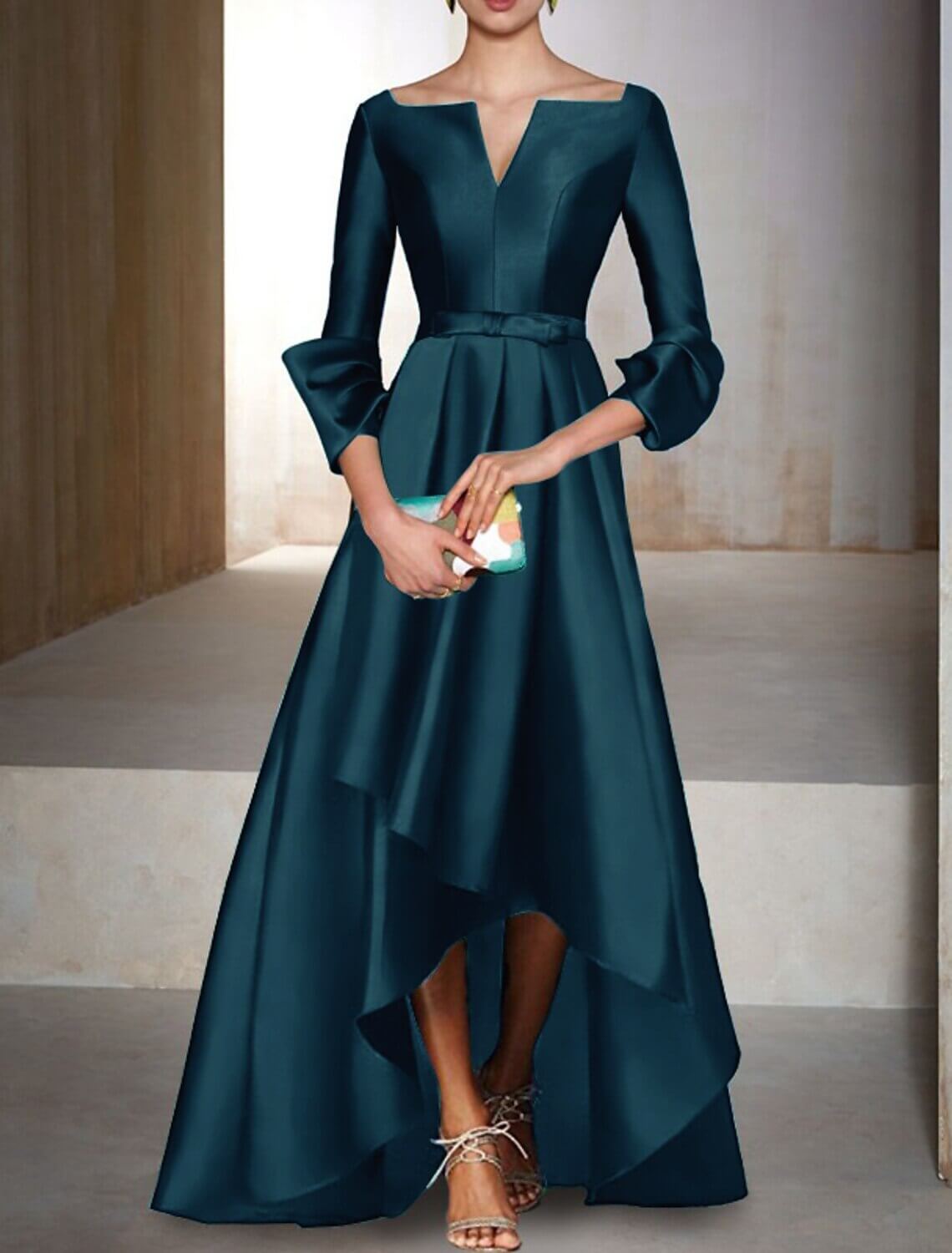 A-Line Evening Gown Elegant Dress Formal Wedding Guest Floor Length 3/4 Length Sleeve V Neck Satin with Bow(s) Christmas Dress