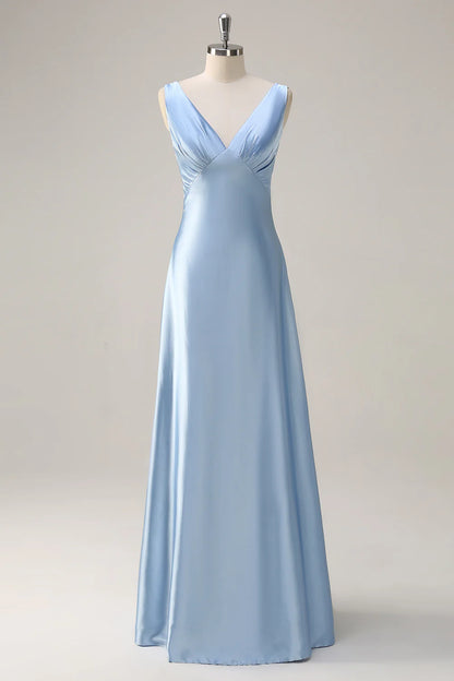 Sky Blue V-Neck A-Line Satin Long Bridesmaid Dress