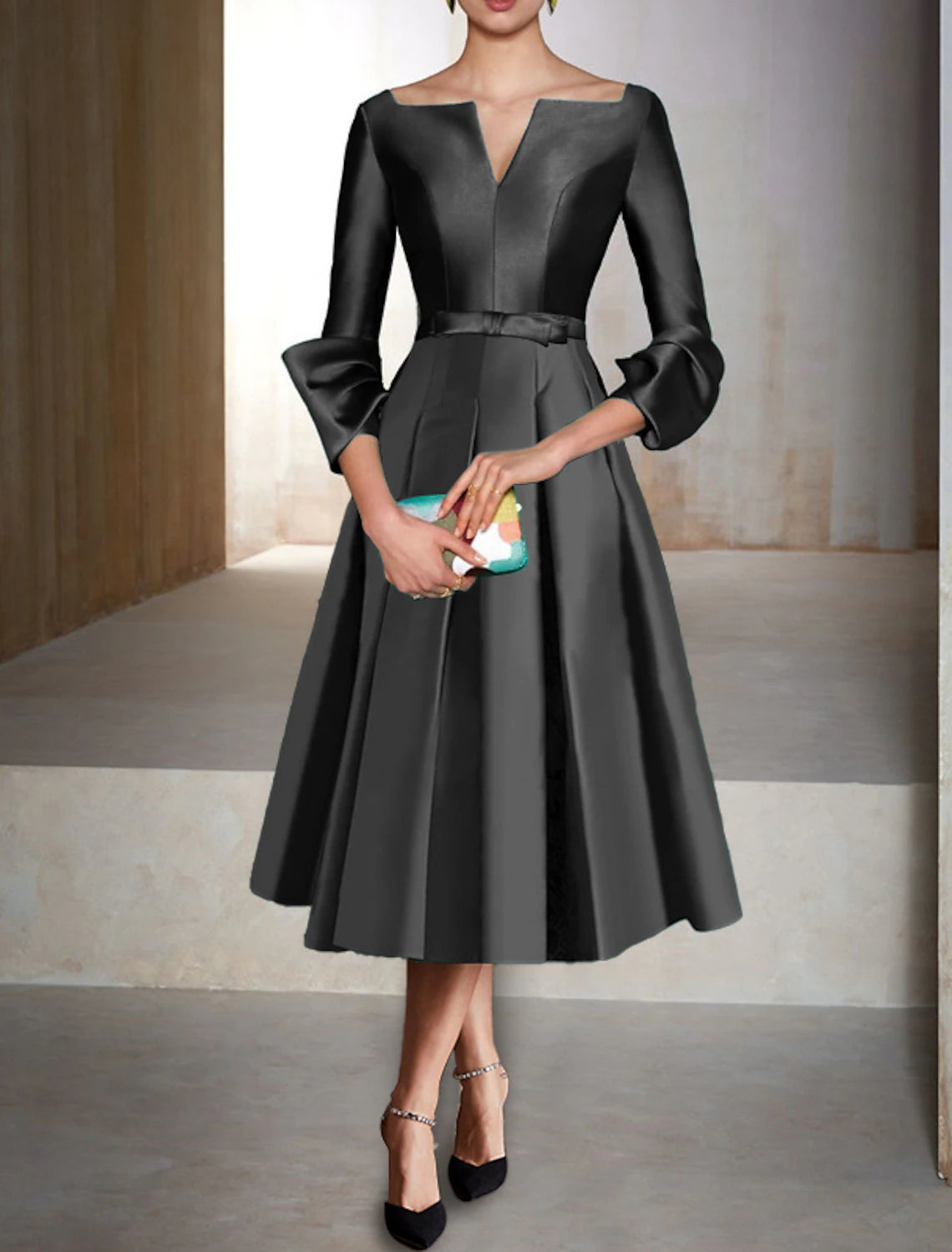 A-Line Cocktail Dresses Elegant Dress Formal Wedding Guest Tea Length 3/4 Length Sleeve V Neck Satin with Pleats Christmas Dress