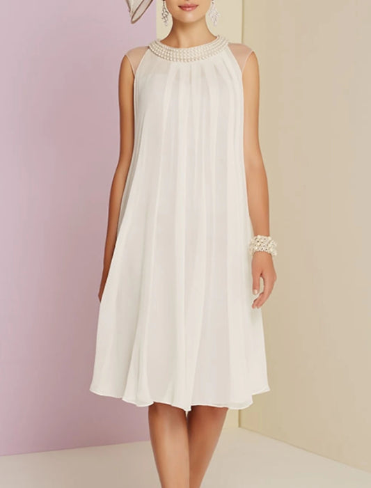 Sheath Mother of the Bride Dress Wedding Guest Elegant Jewel Neck Knee Length Chiffon Sleeveless with Pleats Beading