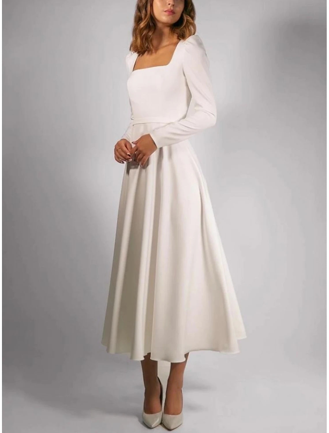 Beach Wedding Simple Wedding Dresses Casual Wedding Dresses A-Line Square Neck Long Sleeve Tea Length Stretch Fabric Bridal Gowns With Pleats Solid Color