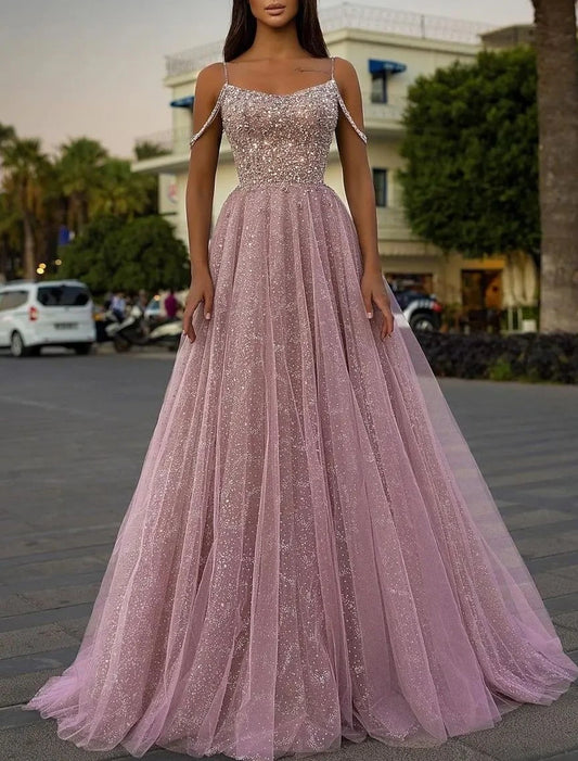 A-Line Sparkle & Shine Puffy Prom Birthday Dress Spaghetti Strap Sleeveless Sweep / Brush Train Sequined with Sequin dress