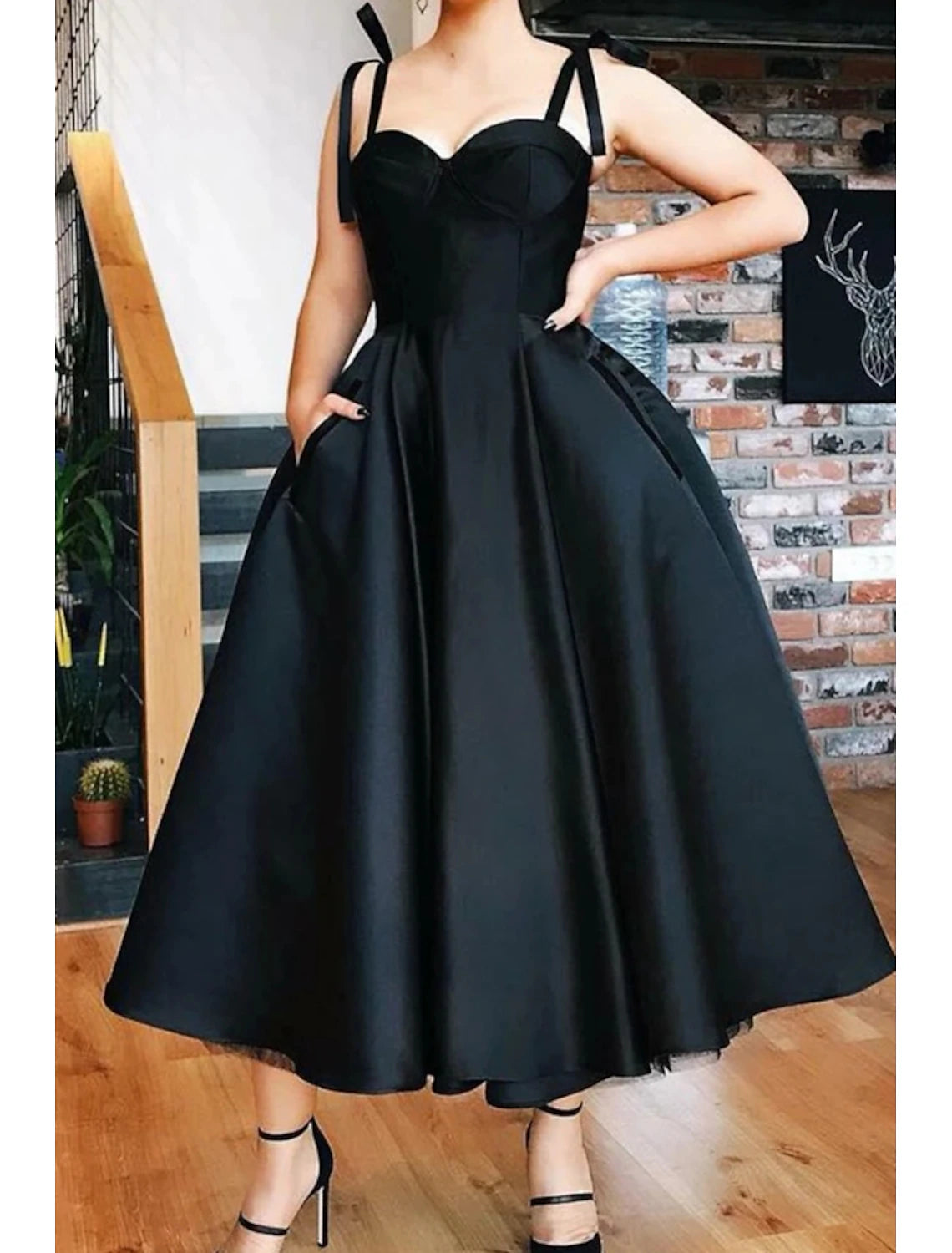 Ball Gown Cocktail Dresses Vintage Dress Valentine's Day Wedding Guest Tea Length Sleeveless Spaghetti Strap Wednesday Addams Family Satin with Pleats