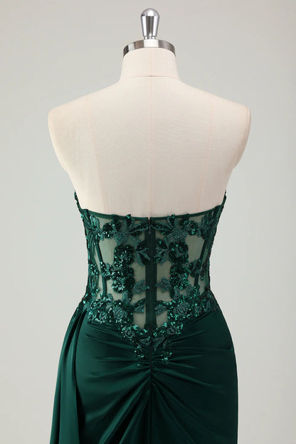 Sparkly Dark Green Sheath Corset Long Lace Prom Dress with Slit