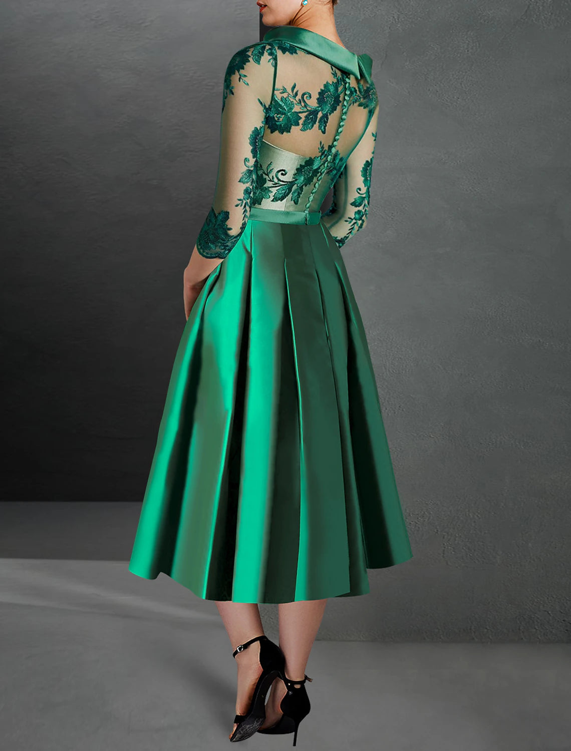 A-Line Red Green Cocktail Dresses Elegant Dress Formal Kentucky Derby Tea Length 3/4 Length Sleeve Jewel Neck Fall Wedding Guest Satin with Pleats Appliques Christmas Dress