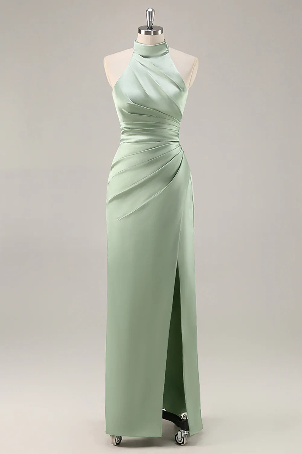 Sage Green Satin Halter Ruched Mermaid Long Bridesmaid Dress with Slit