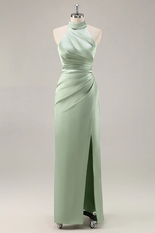 Sage Green Satin Halter Ruched Mermaid Long Bridesmaid Dress with Slit