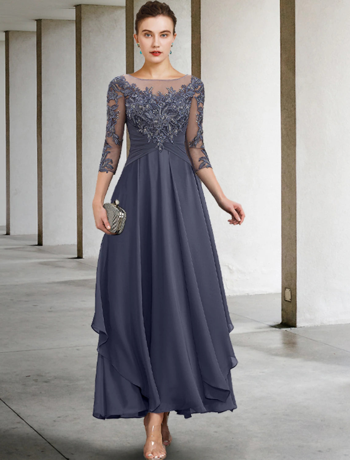 A-Line Mother of the Bride Dress Wedding Guest Elegant Plus Size Jewel Neck Ankle Length Chiffon Lace 3/4 Length Sleeve with Ruched Sequin Appliques dress