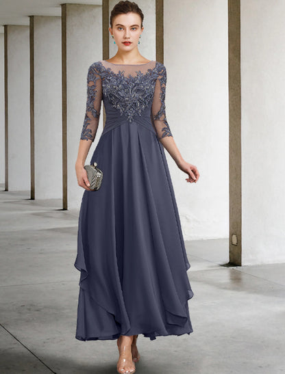A-Line Mother of the Bride Dress Wedding Guest Elegant Plus Size Jewel Neck Ankle Length Chiffon Lace 3/4 Length Sleeve with Ruched Sequin Appliques dress