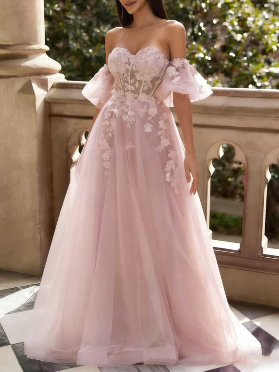 A-Line/Princess Tulle Sweetheart Prom Dresses Floor-Length Lace Convertible Short Sleeves Formal Dresses