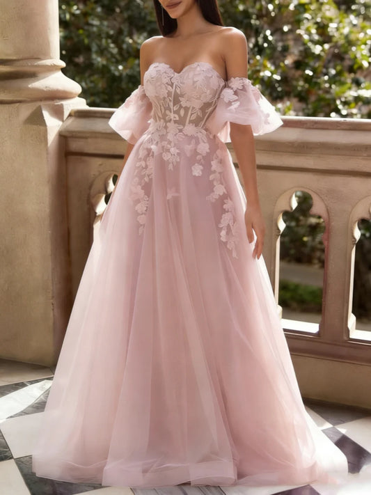 A-Line/Princess Tulle Sweetheart Prom Dresses Floor-Length Lace Convertible Short Sleeves Formal Dresses