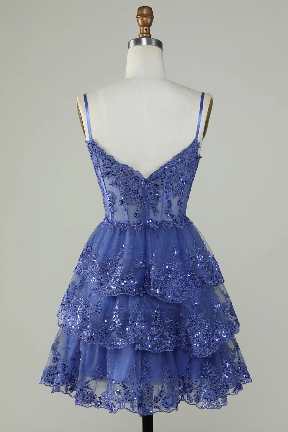 A Line Spaghetti Straps Dark Blue Sparkly Corset Homecoming Dress