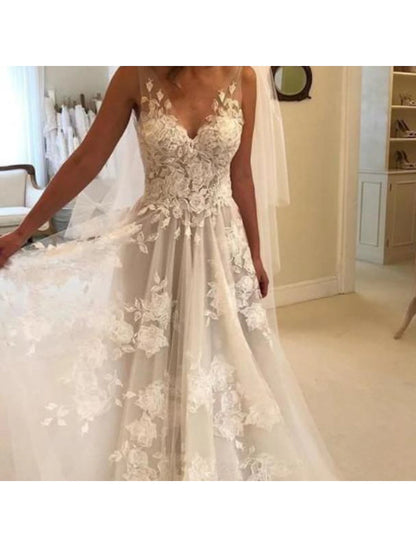 Beach Boho Wedding Dresses A-Line V Neck Sleeveless Sweep / Brush Train Lace Bridal Gowns With Appliques