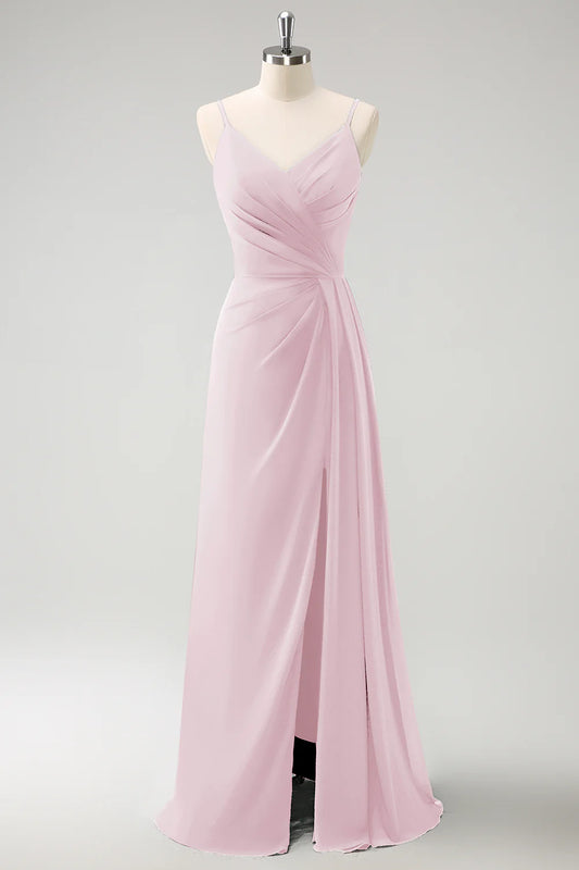 Blush Pink Spaghetti Straps Ruche Long Bridesmaid Dress with Slit