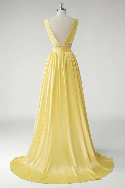 Yellow A Line Deep V-Neck Long Prom Dress