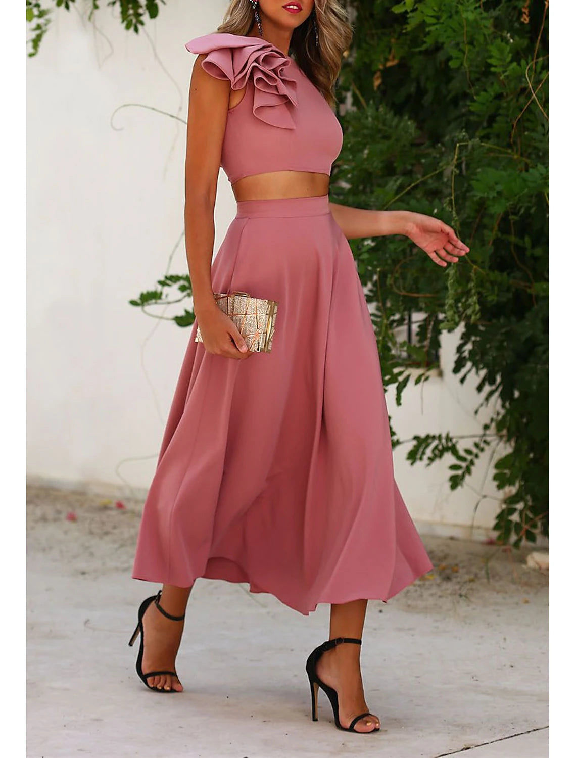 Two Piece Cocktail Dresses Elegant Dress Graduation Engagement Ankle Length Sleeveless Jewel Neck Fall Wedding Guest Satin with Ruffles Pure Color