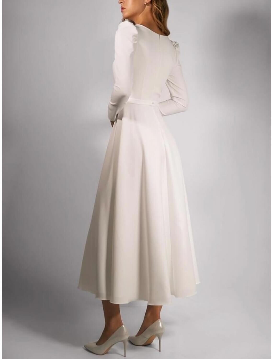 Beach Wedding Simple Wedding Dresses Casual Wedding Dresses A-Line Square Neck Long Sleeve Tea Length Stretch Fabric Bridal Gowns With Pleats Solid Color