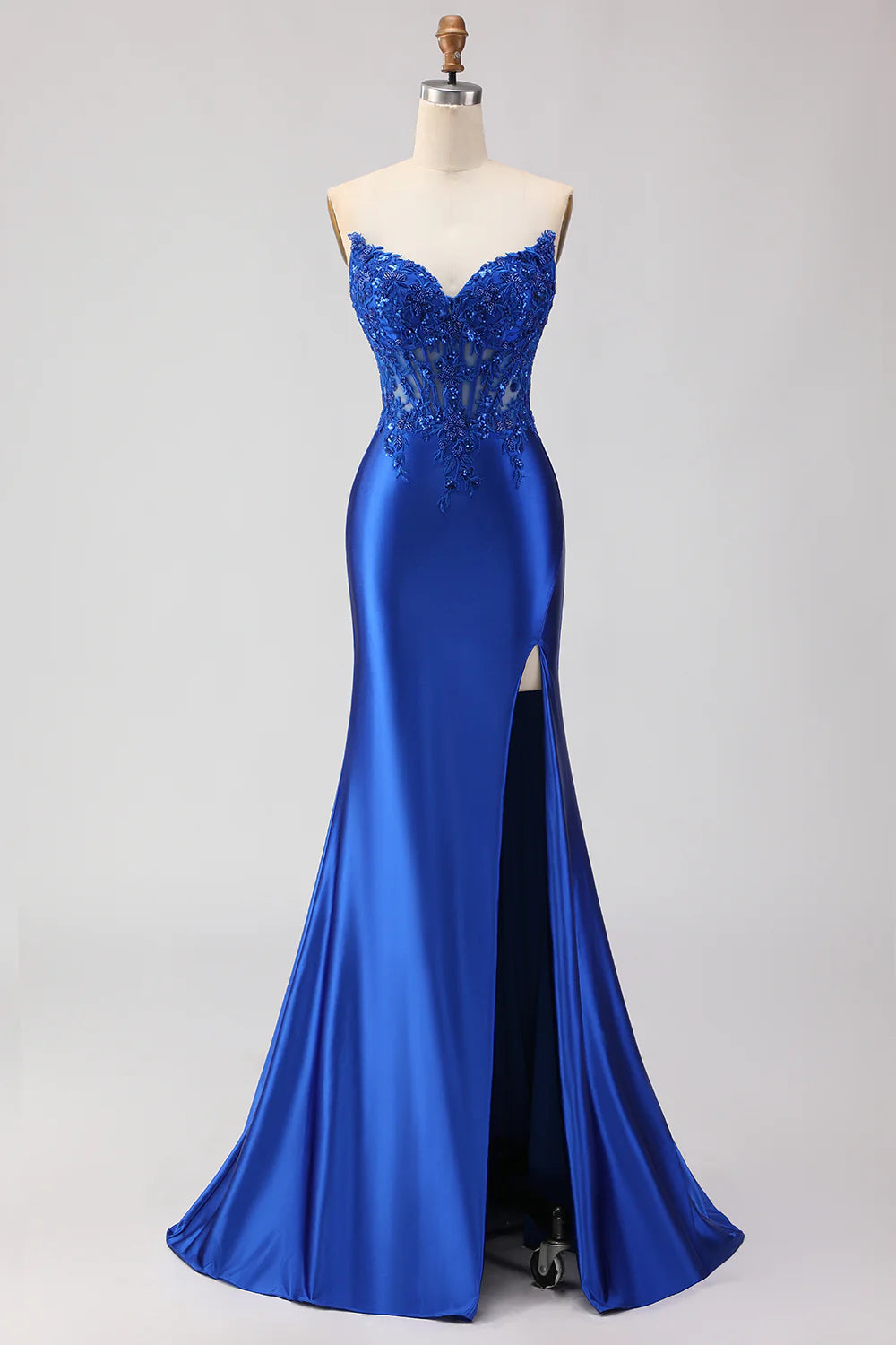 Sparkly Royal Blue Appliqued Mermaid Long Corset Prom Dress with Slit