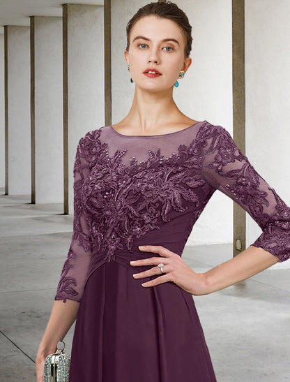 A-Line Mother of the Bride Dress Wedding Guest Elegant Plus Size Jewel Neck Ankle Length Chiffon Lace 3/4 Length Sleeve with Ruched Sequin Appliques dress