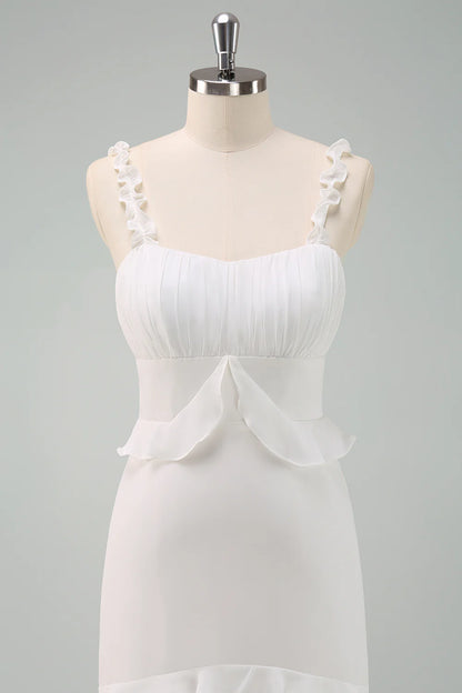 White Sheath Ruffled Bride Dress