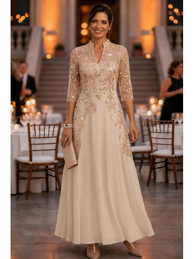 A-Line Ankle Length Mother of the Bride Dress 3/4 Length Sleeve V Neck Elegant Vintage Luxurious Formal Wedding Guest Wedding Party Chiffon Tulle with Beading Sequin Flower