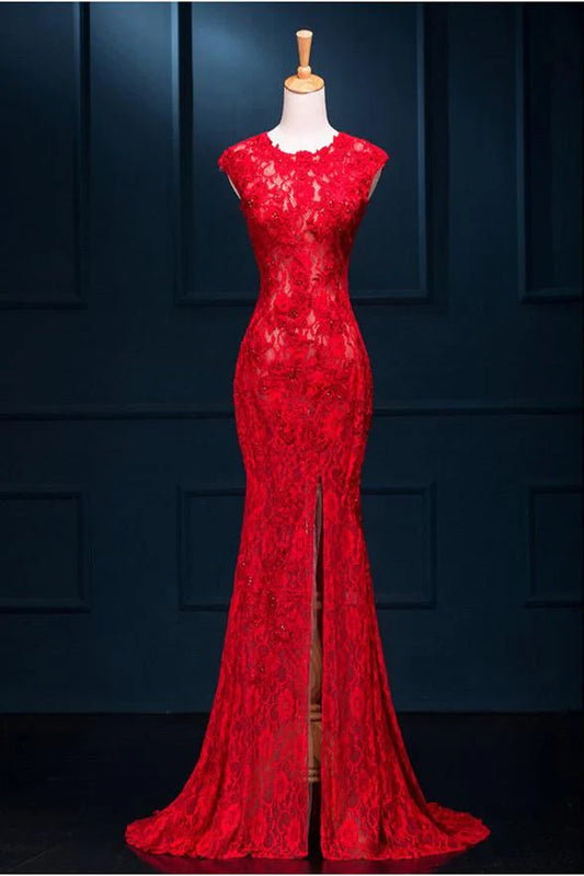 Red Party Dresses Lace Mermaid Slit Long Elegant Formal Gown