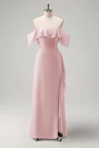 Eucalyptus Off The Shoulder Chiffon Long Bridesmaid Dress